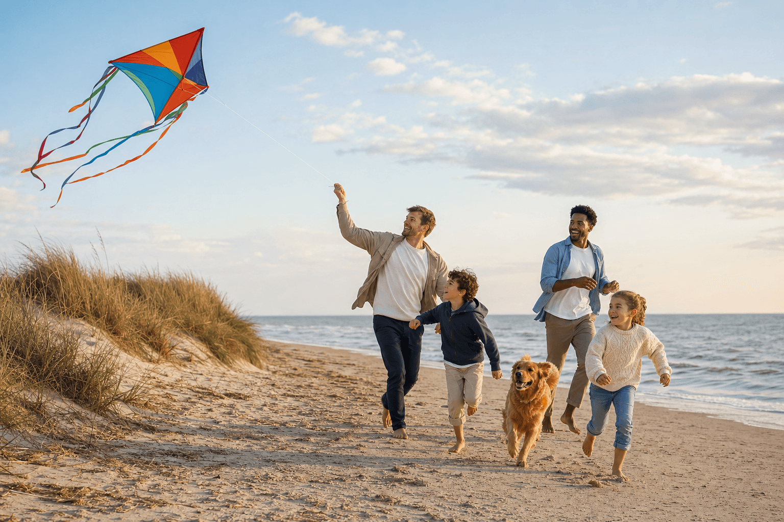 Deux pères et leurs enfants faisant voler un cerf-volant avec leur chien sur la plage
