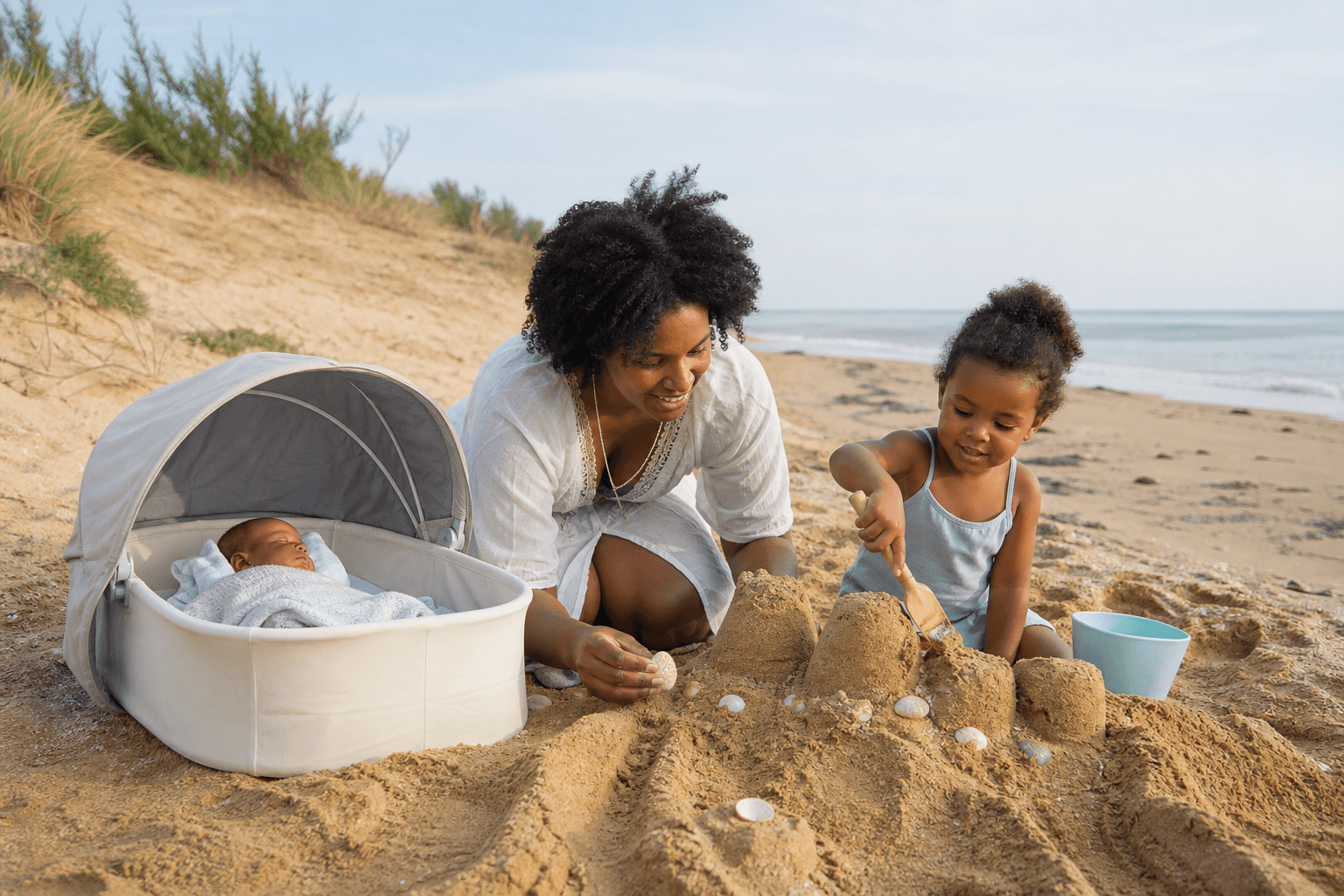 Une mère, son enfant et son bébé construisant un château de sable