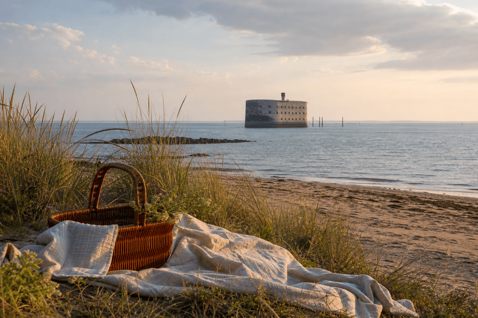 Panier de pique-nique sur la plage face à Fort Boyard