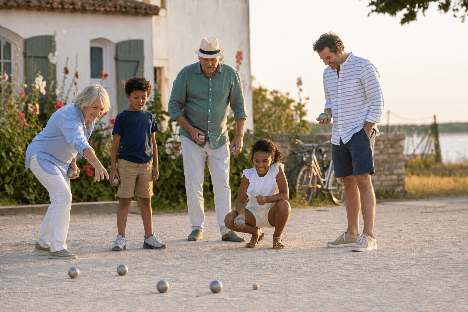 Grands-parents, parents et enfants réunis autour d’une partie de pétanque