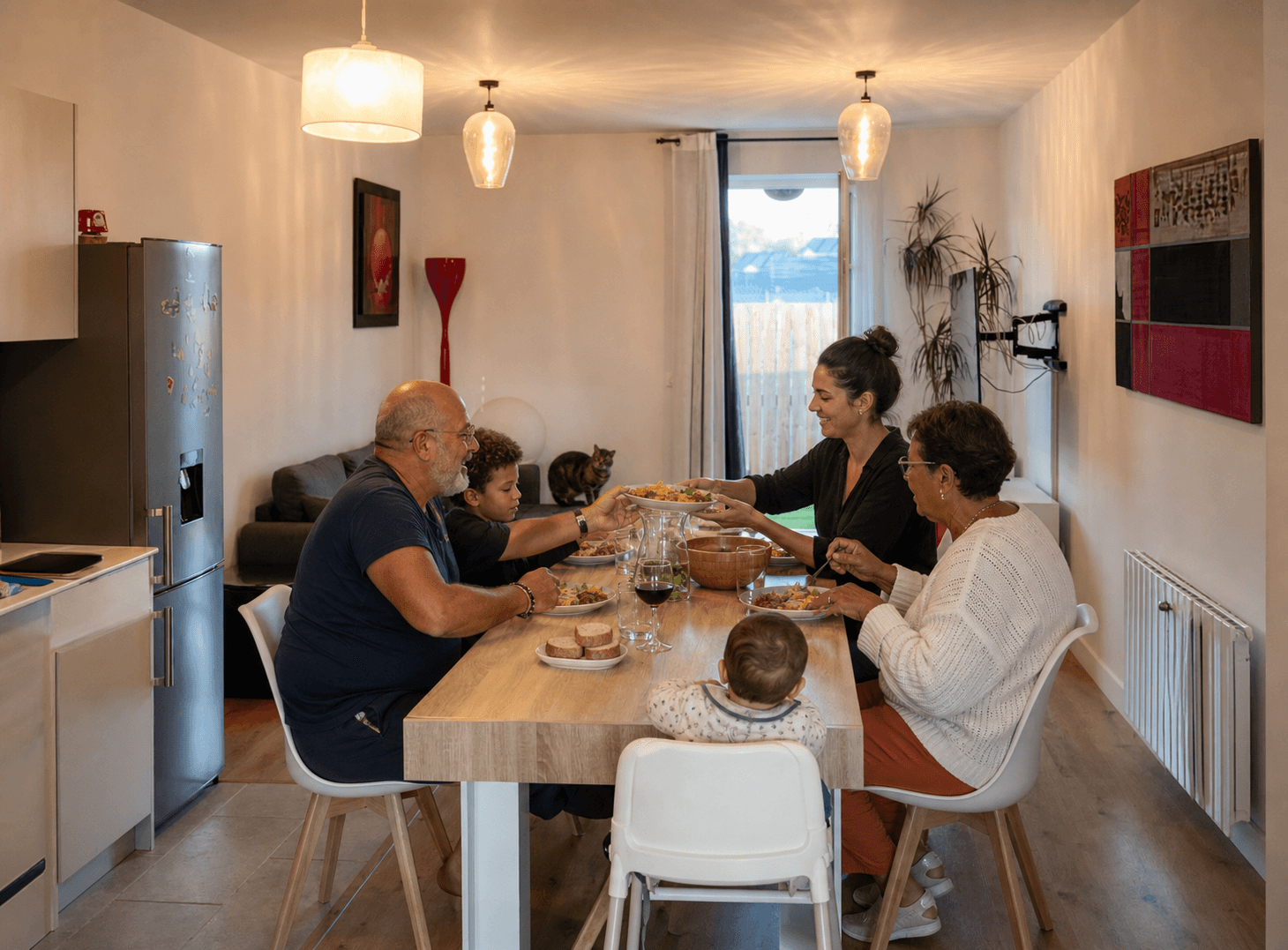 Grands-parents, parent, enfants et bébé partageant un repas au Nid d’Été