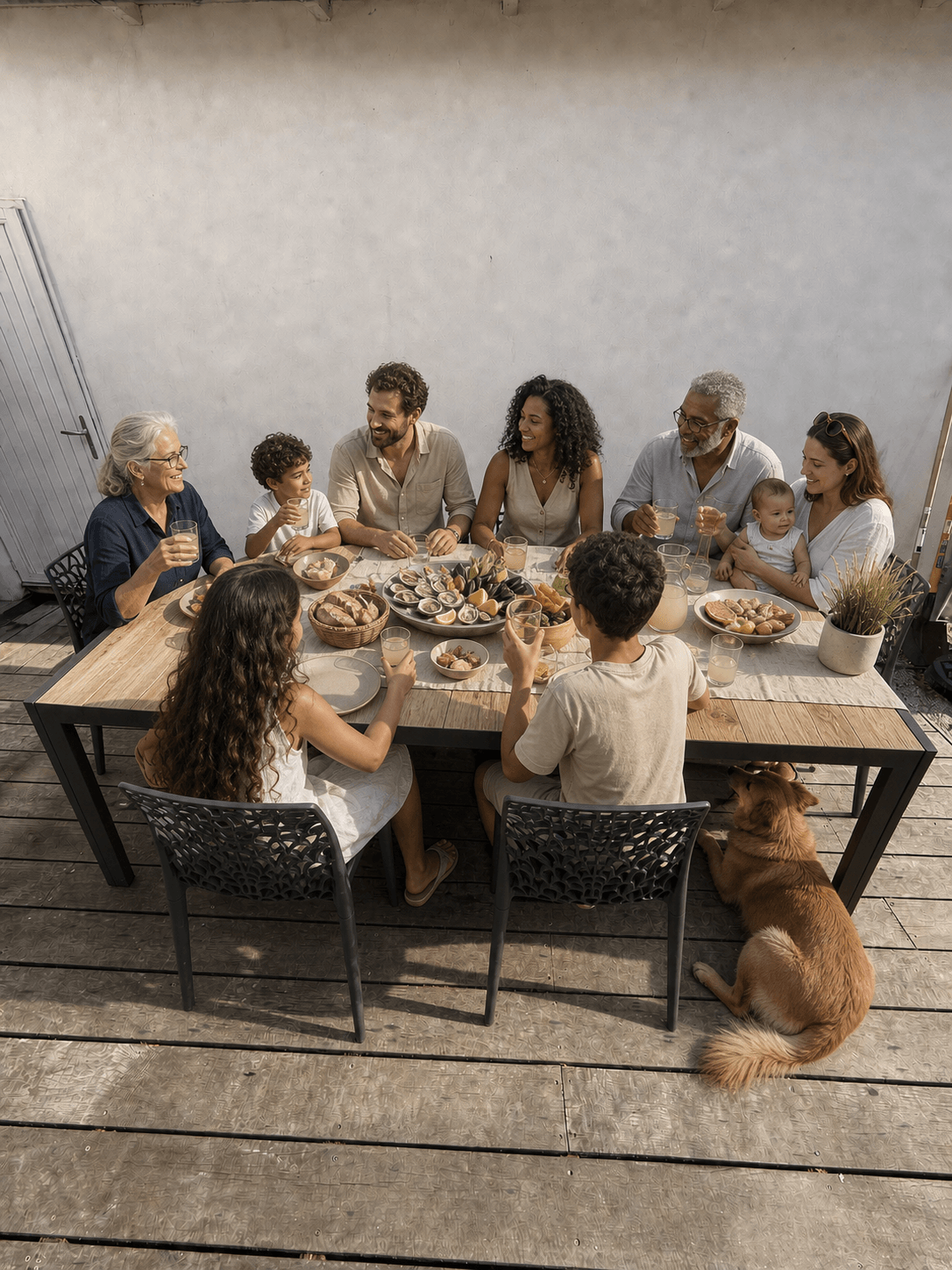 Grands-parents, parents, enfants et bébé partageant un apéritif sur la terrasse de la Villa
