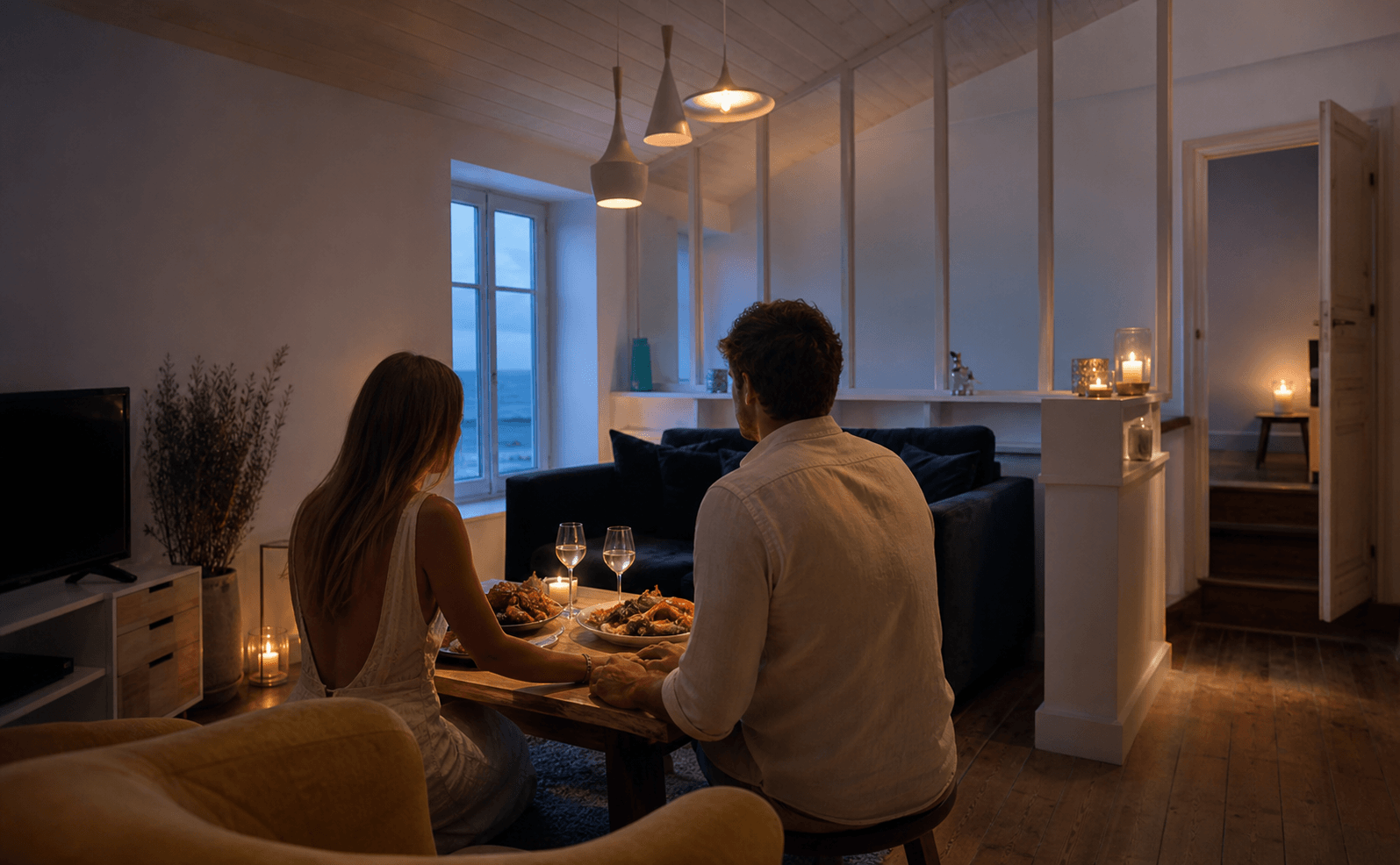 Dîner romantique aux chandelles dans la lumière du soir de Villa Raie Manta