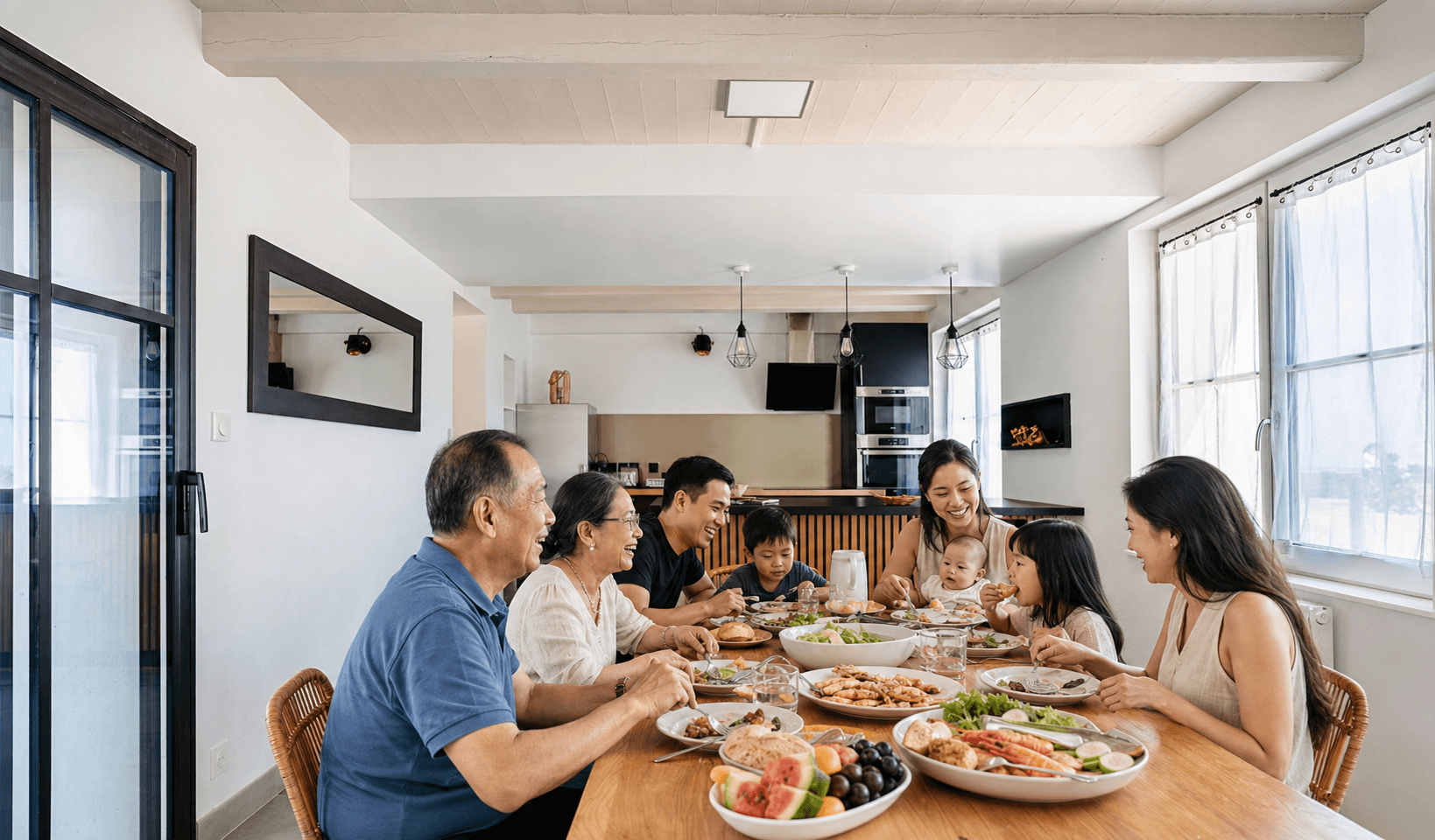 Une famille asiatique de plusieurs générations réunie autour de la table réelle de Villa Raie Manta