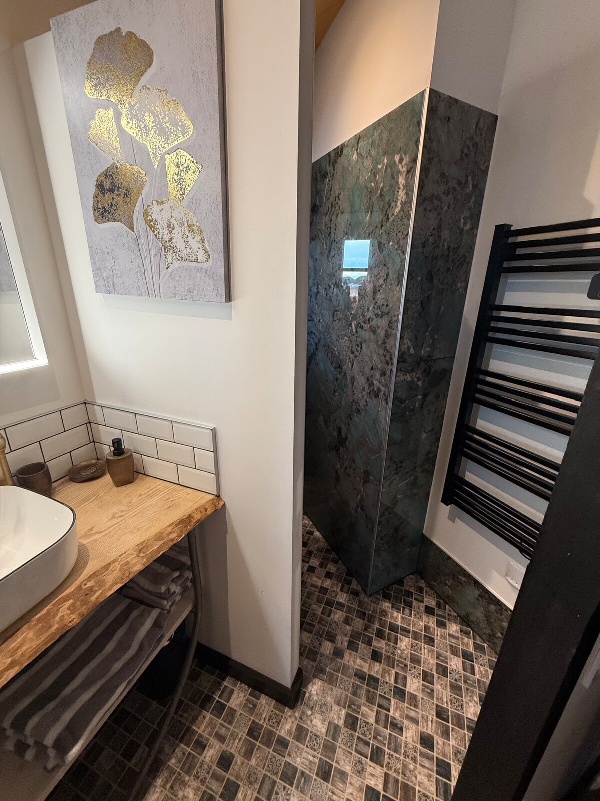 La vasque et la douche de la première salle d’eau