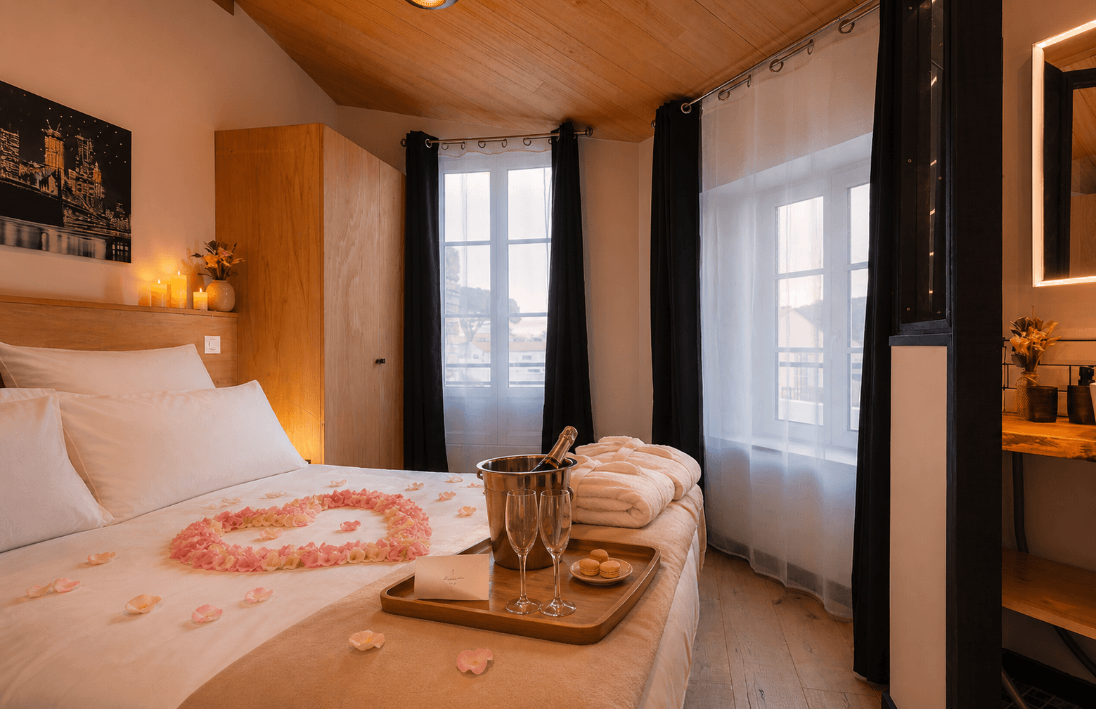 Chambre du Chai préparée pour une lune de miel avec pétales et champagne