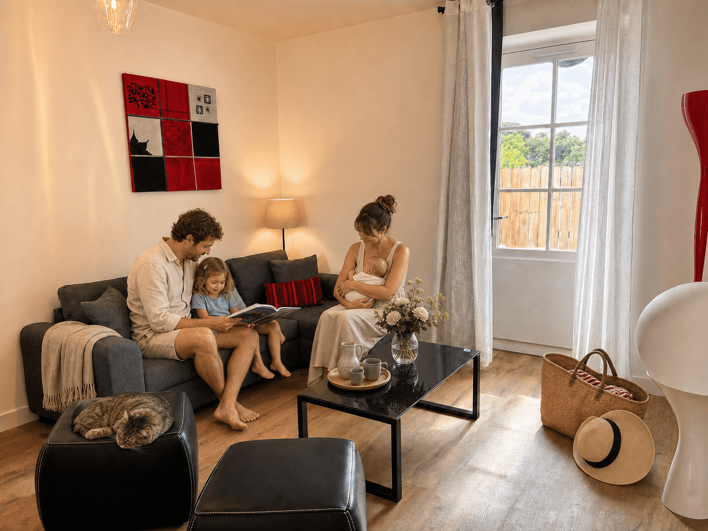 Parents, enfants, bébé et chat réunis pour lire dans le salon du Nid d’Été