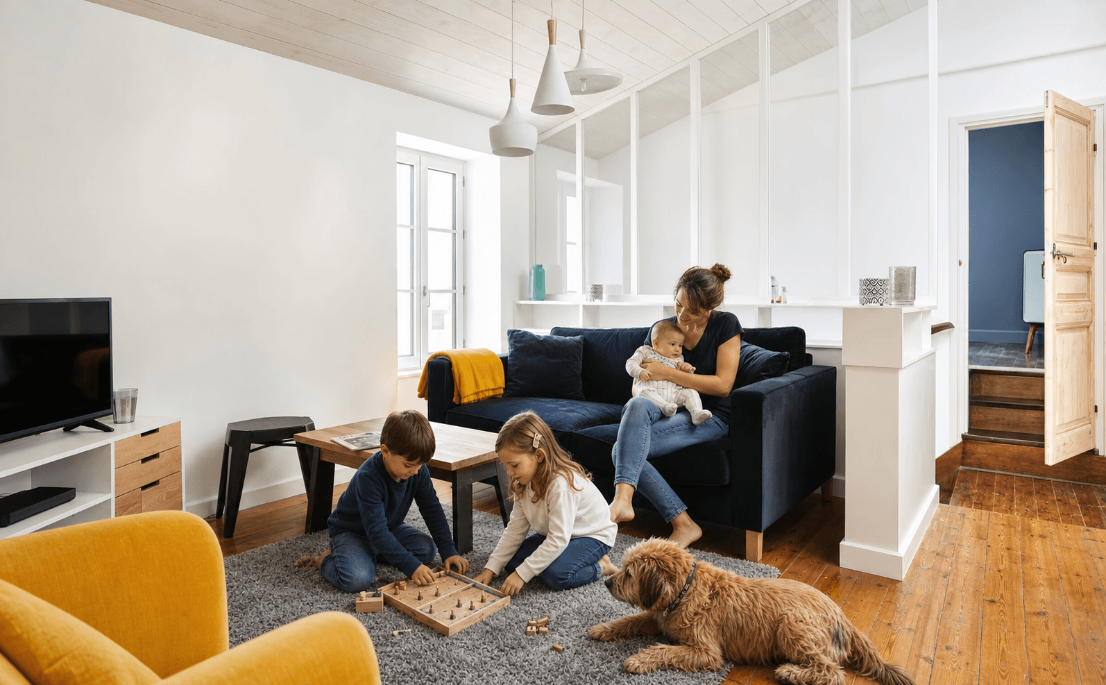 Parents, enfants, bébé et chien réunis dans le salon de Villa Raie Manta