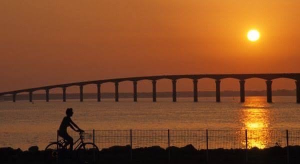 Cycliste face au soleil couchant sur l’Île de Ré