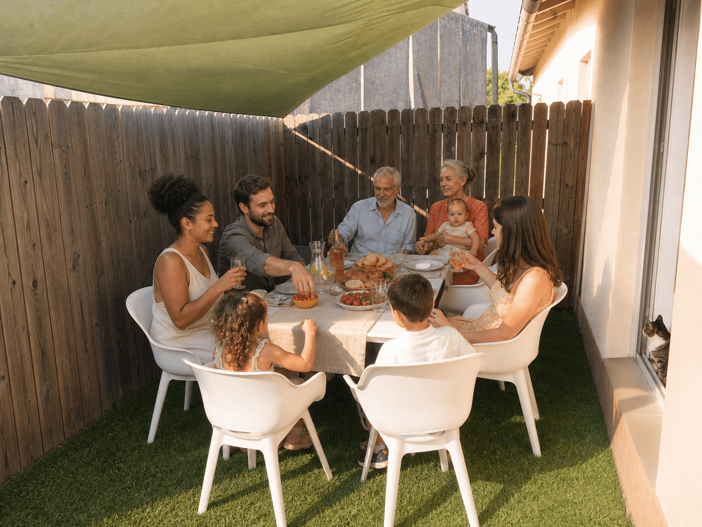 Plusieurs générations réunies avec un bébé et un chat autour de la table de la terrasse