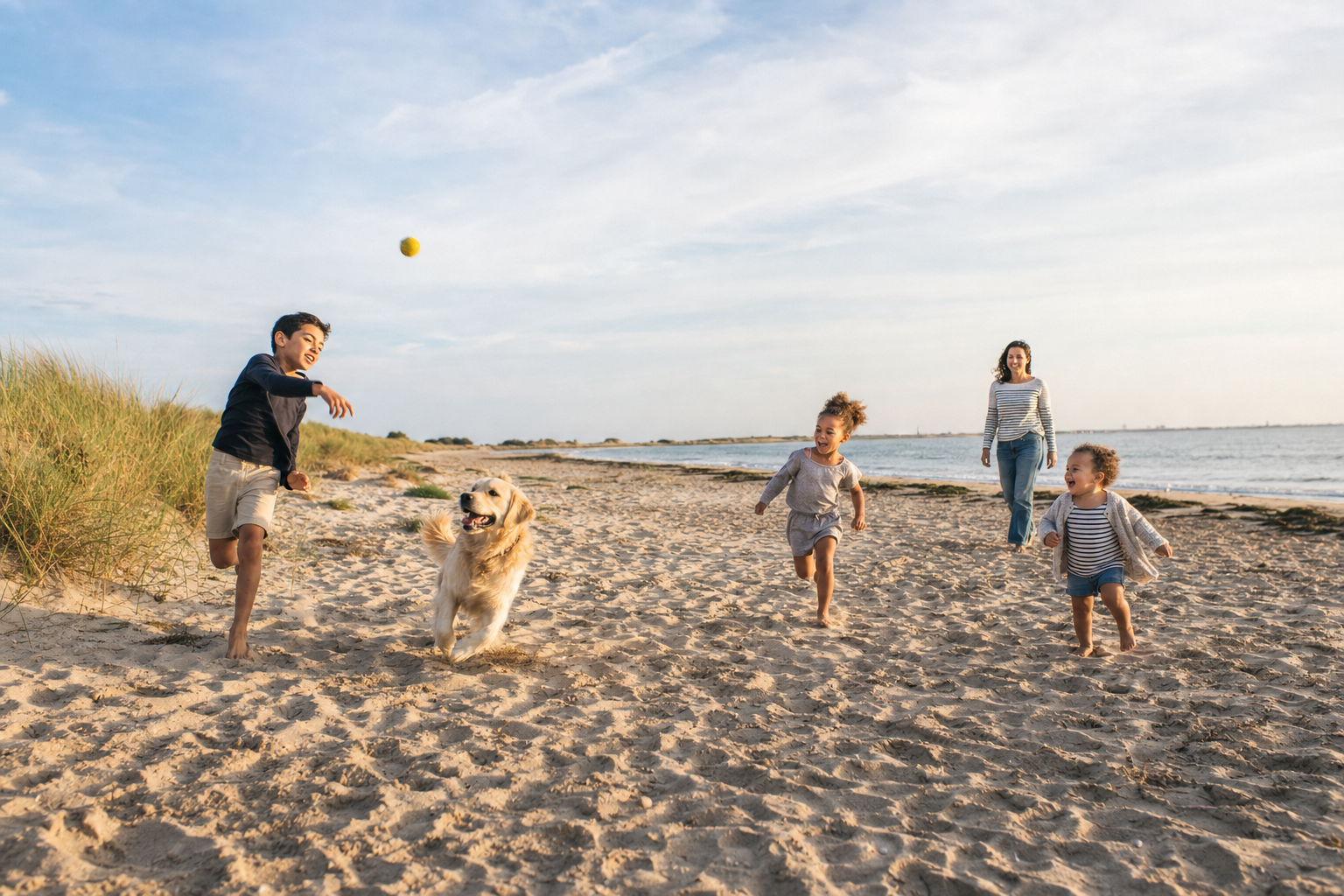 Enfants jouant avec un chien sur la plage
