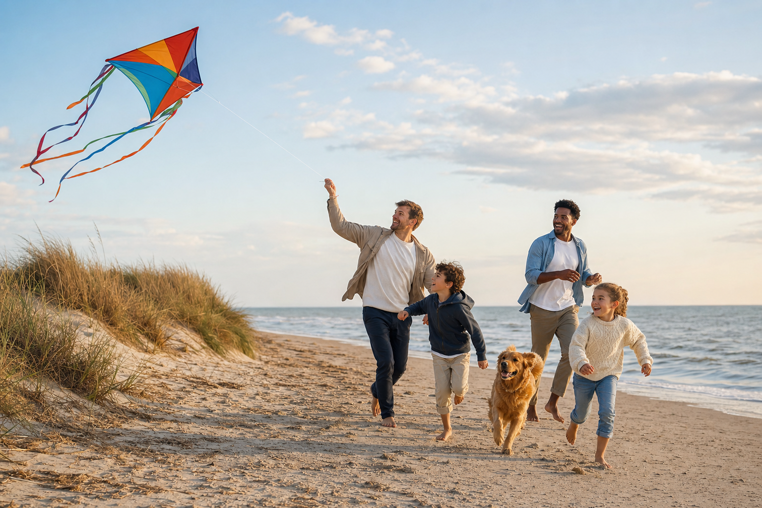 Parents et enfants faisant voler un cerf-volant avec leur chien sur la plage