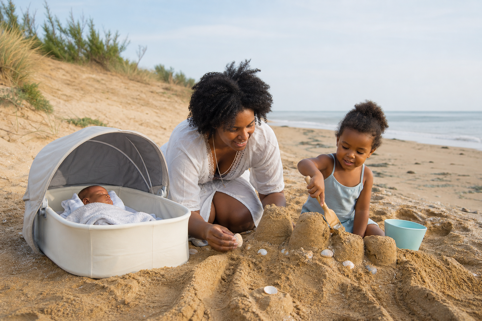 Une mère, son enfant et son bébé construisant un château de sable