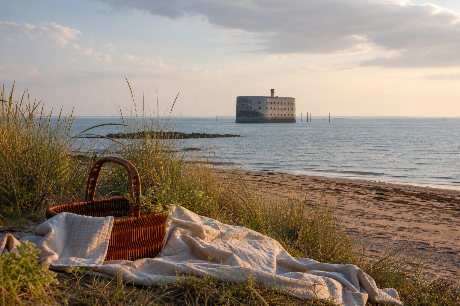 Panier de pique-nique sur la plage face à Fort Boyard