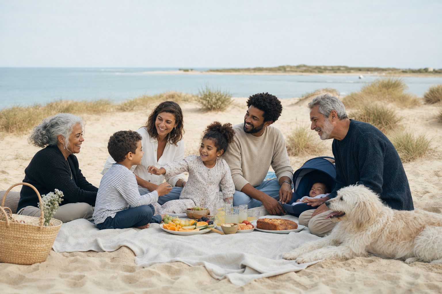 Plusieurs générations partageant un goûter avec un bébé et un chien sur la plage