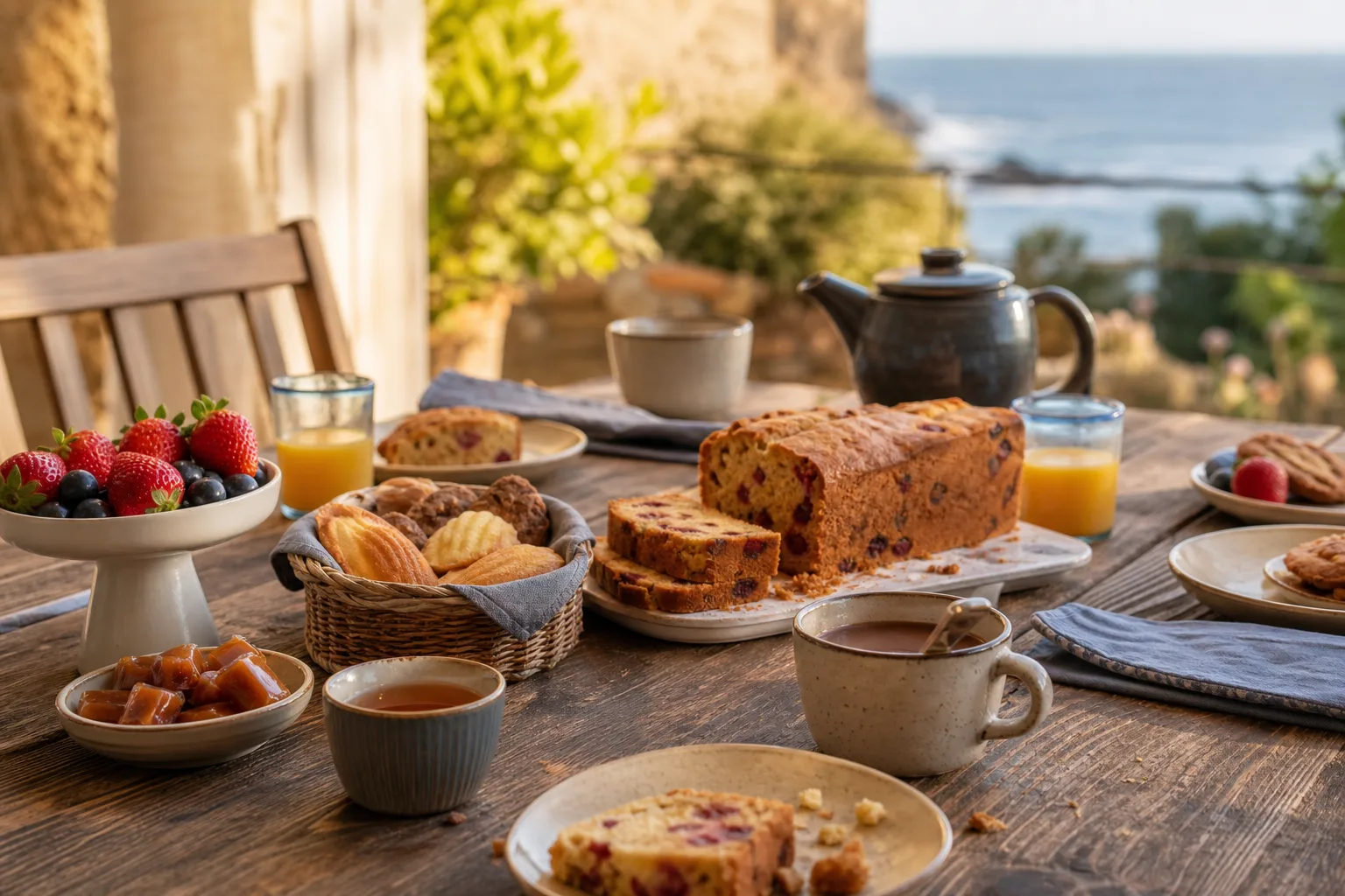 Goûter de l’après-midi avec gâteau, madeleines, fruits, caramels, jus et boissons chaudes
