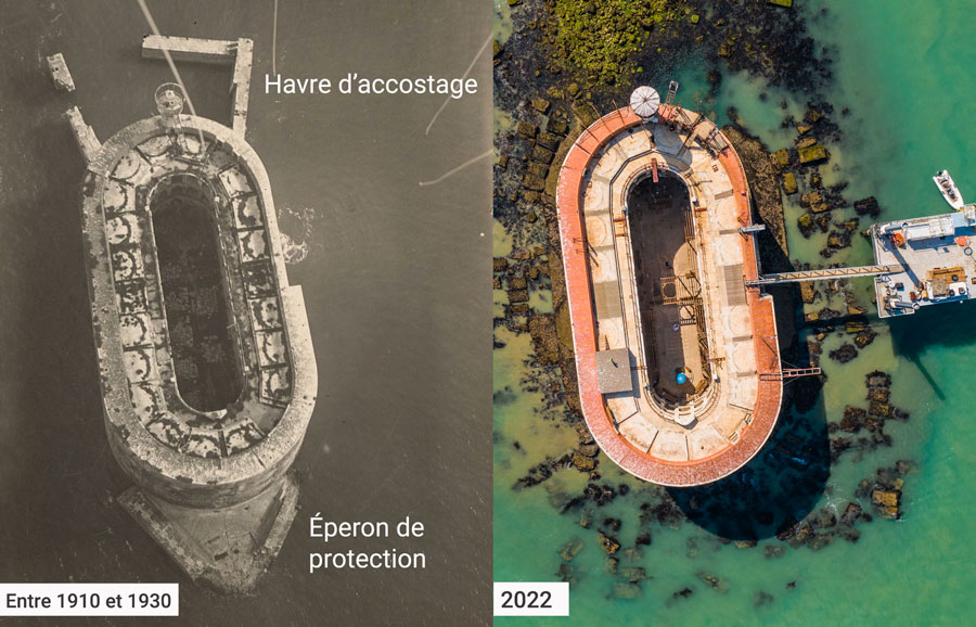 Document d’archives comparant Fort Boyard entre 1910-1930 et 2022