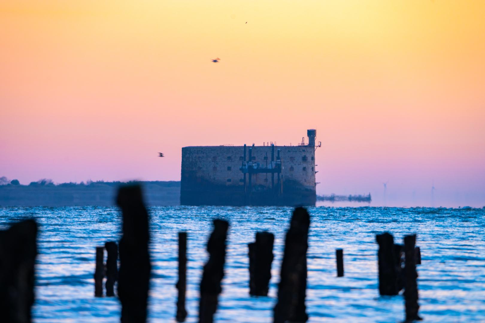 Fort Boyard dans la lumière rose du crépuscule