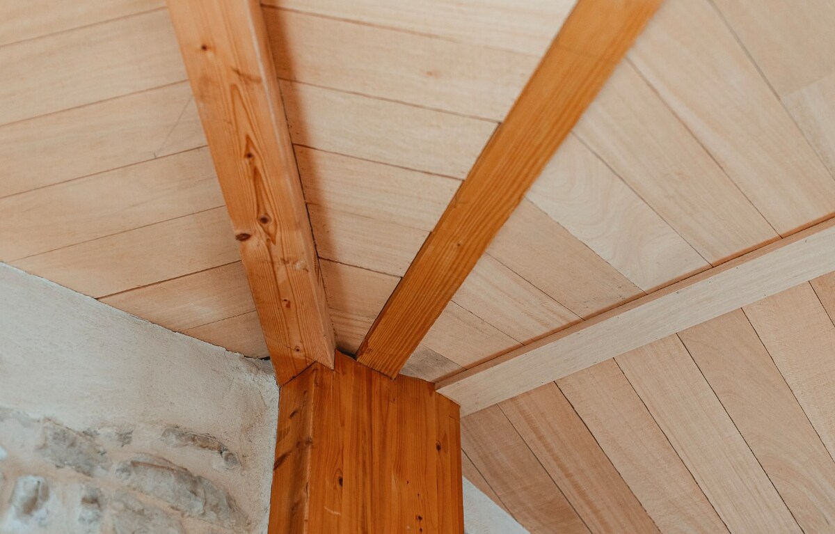 La charpente en bois clair du Chai