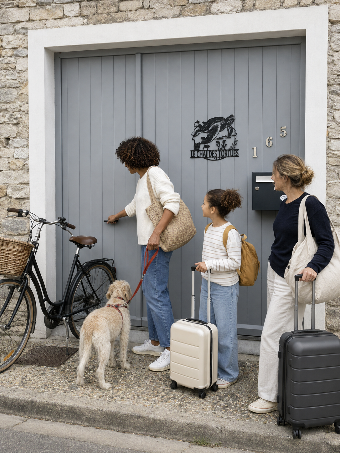 Voyageuses arrivant avec leurs bagages, un enfant, un chien et un vélo devant le Chai