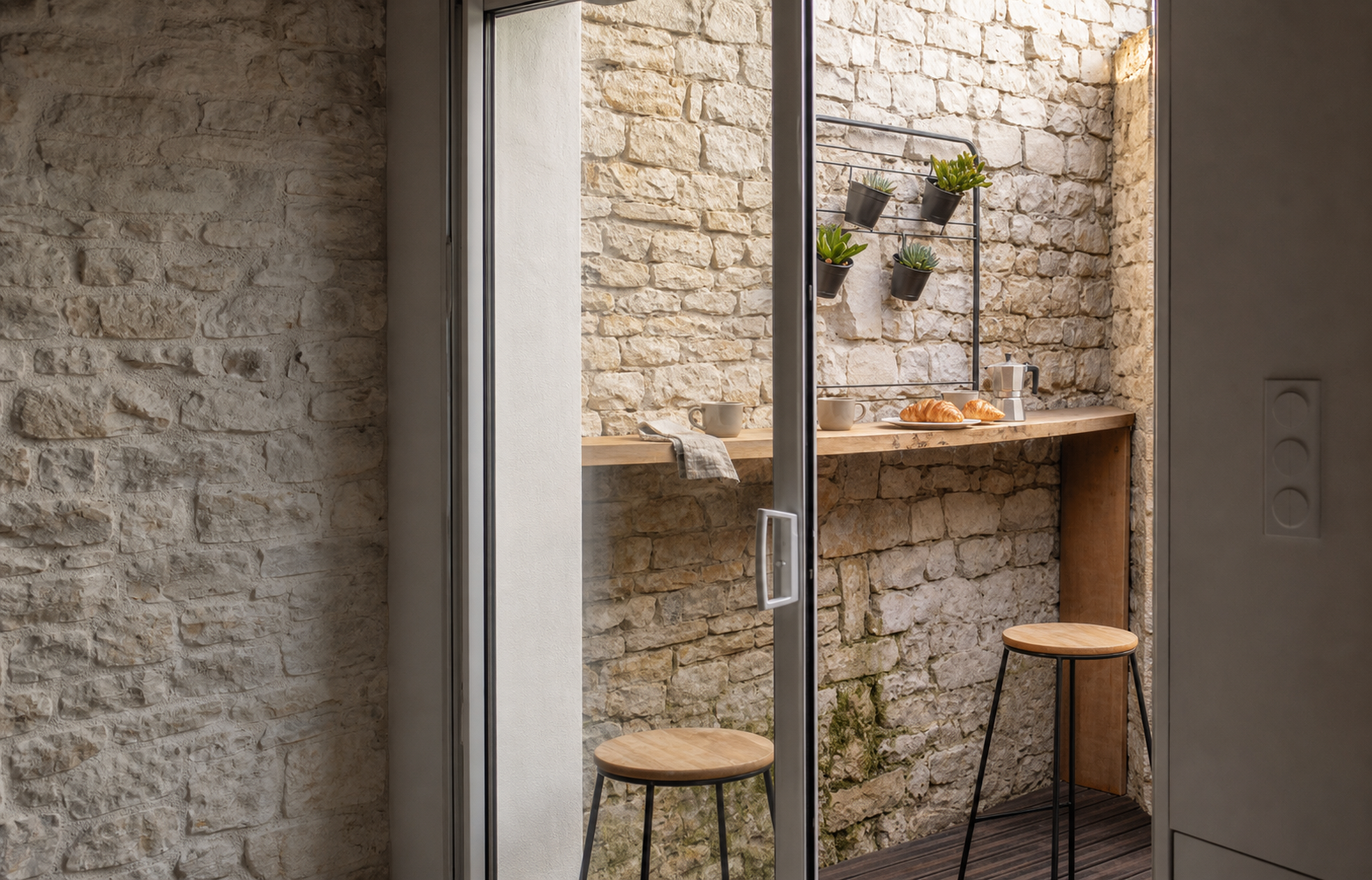 Café matinal sur le mange-debout en bois du petit extérieur