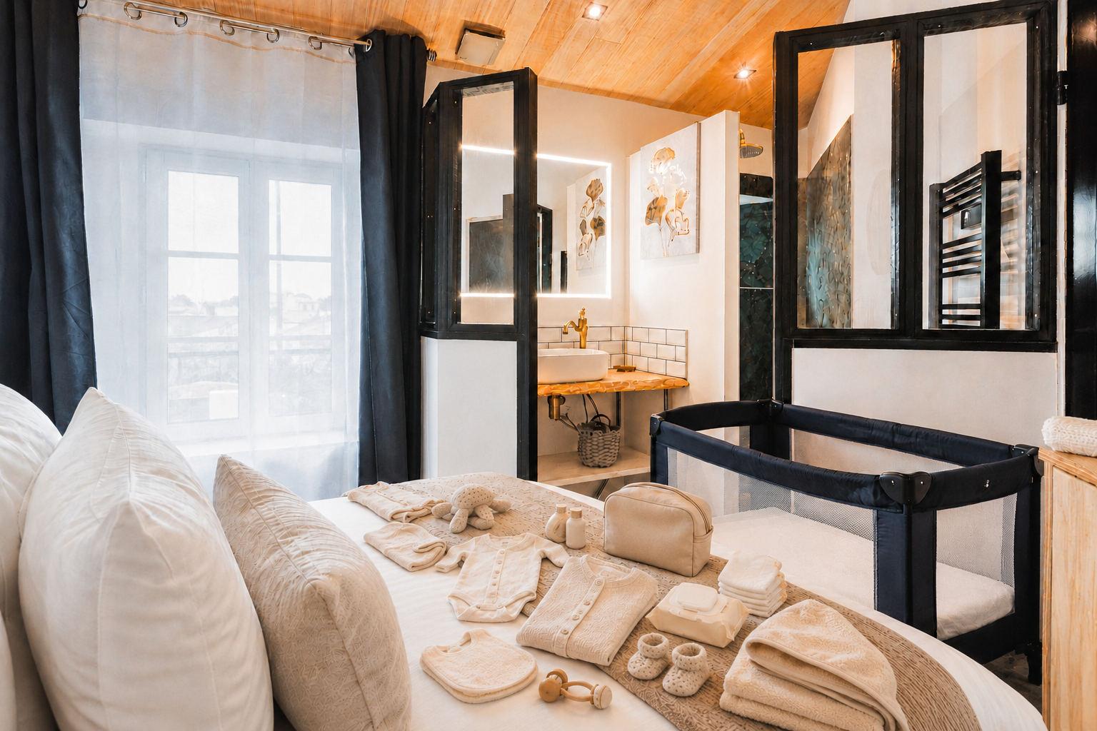 Chambre-suite du Chai préparée avec un lit bébé et les affaires d’un nourrisson