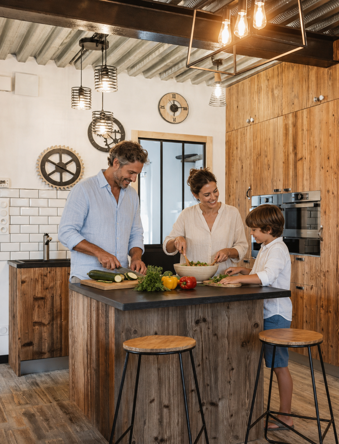 Parents et enfant préparant un repas ensemble dans la cuisine du Chai