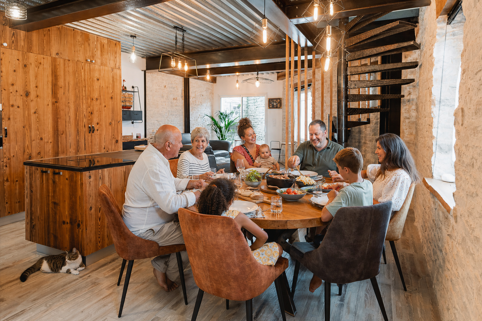Grands-parents, parents, enfants et bébé partageant un grand repas dans le Chai