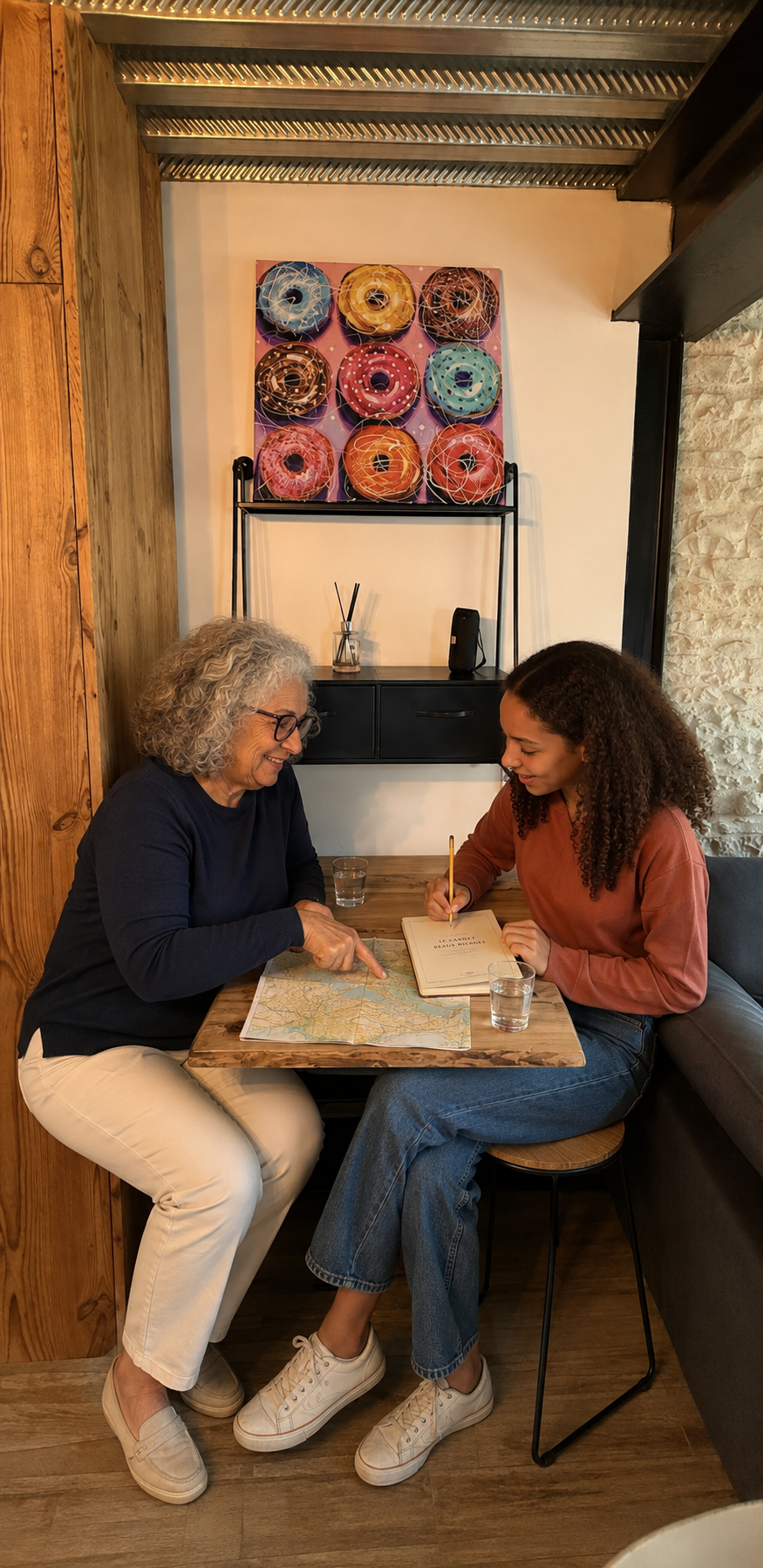 Une grand-mère et sa petite-fille préparant une balade sur une carte dans le Chai