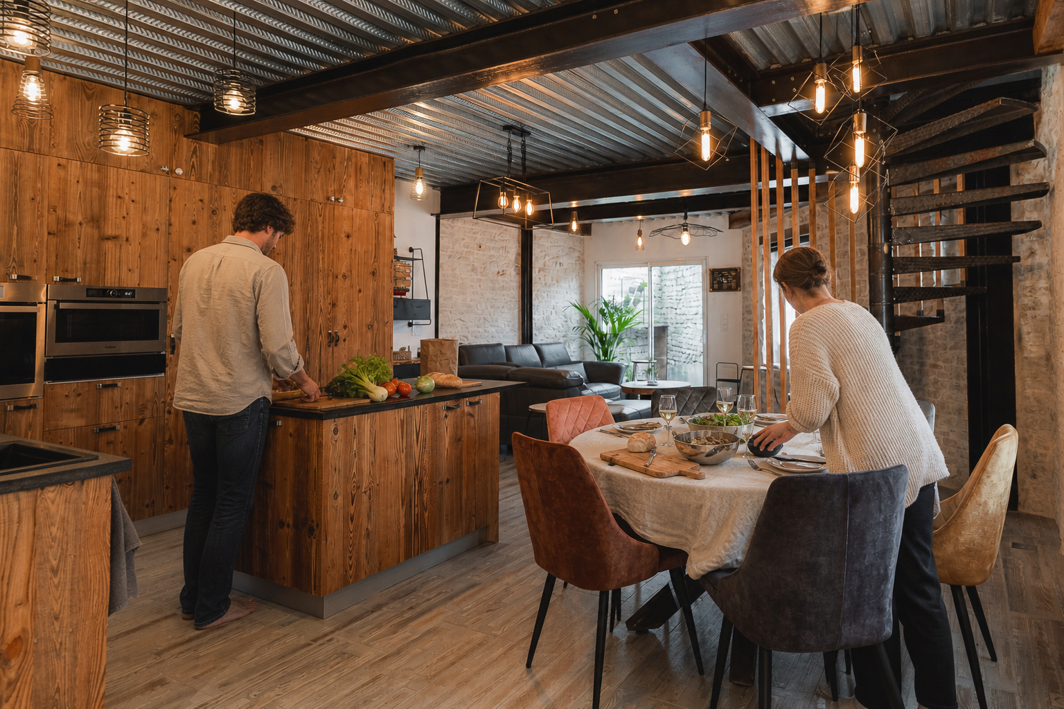 Un couple préparant le dîner avec les produits du marché dans la grande pièce du Chai