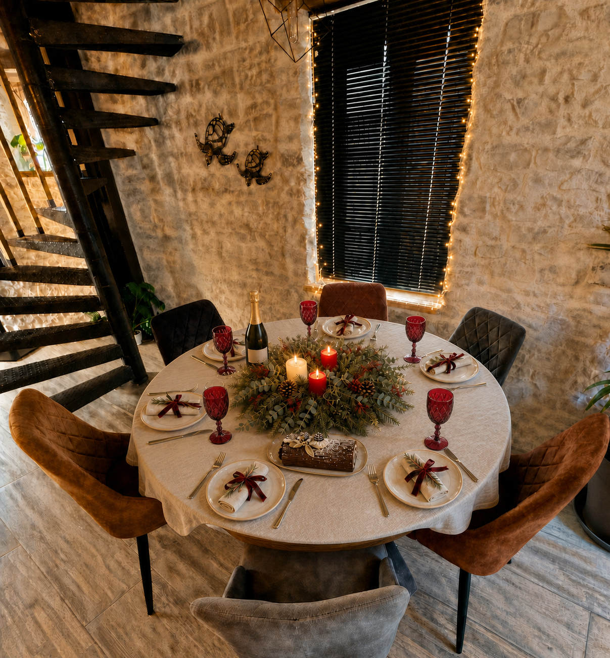 Table de Noël dressée pour six avec verrerie rouge et champagne au Chai des Tortues