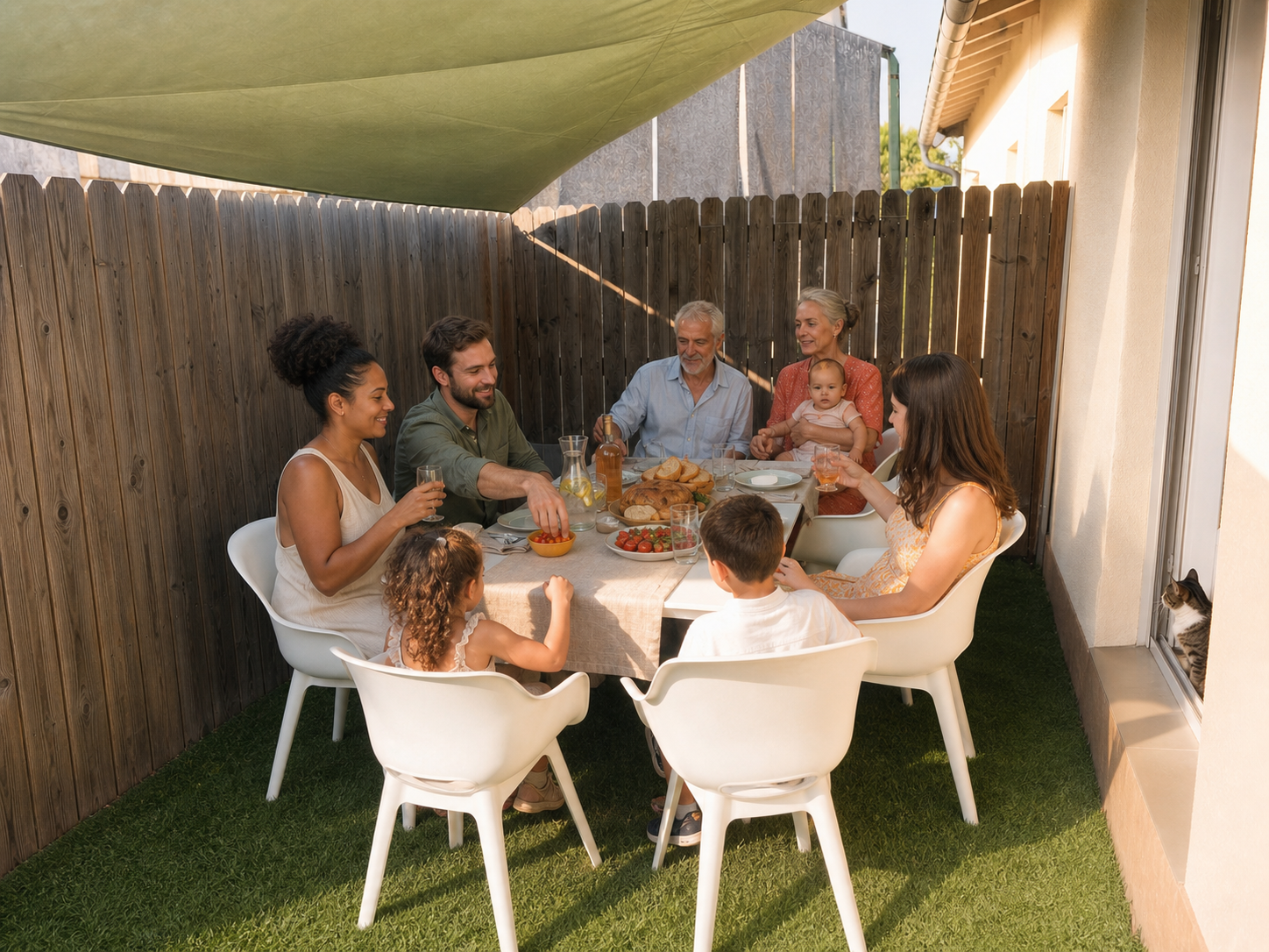 Plusieurs générations réunies avec un bébé et un chat autour de la table de la terrasse