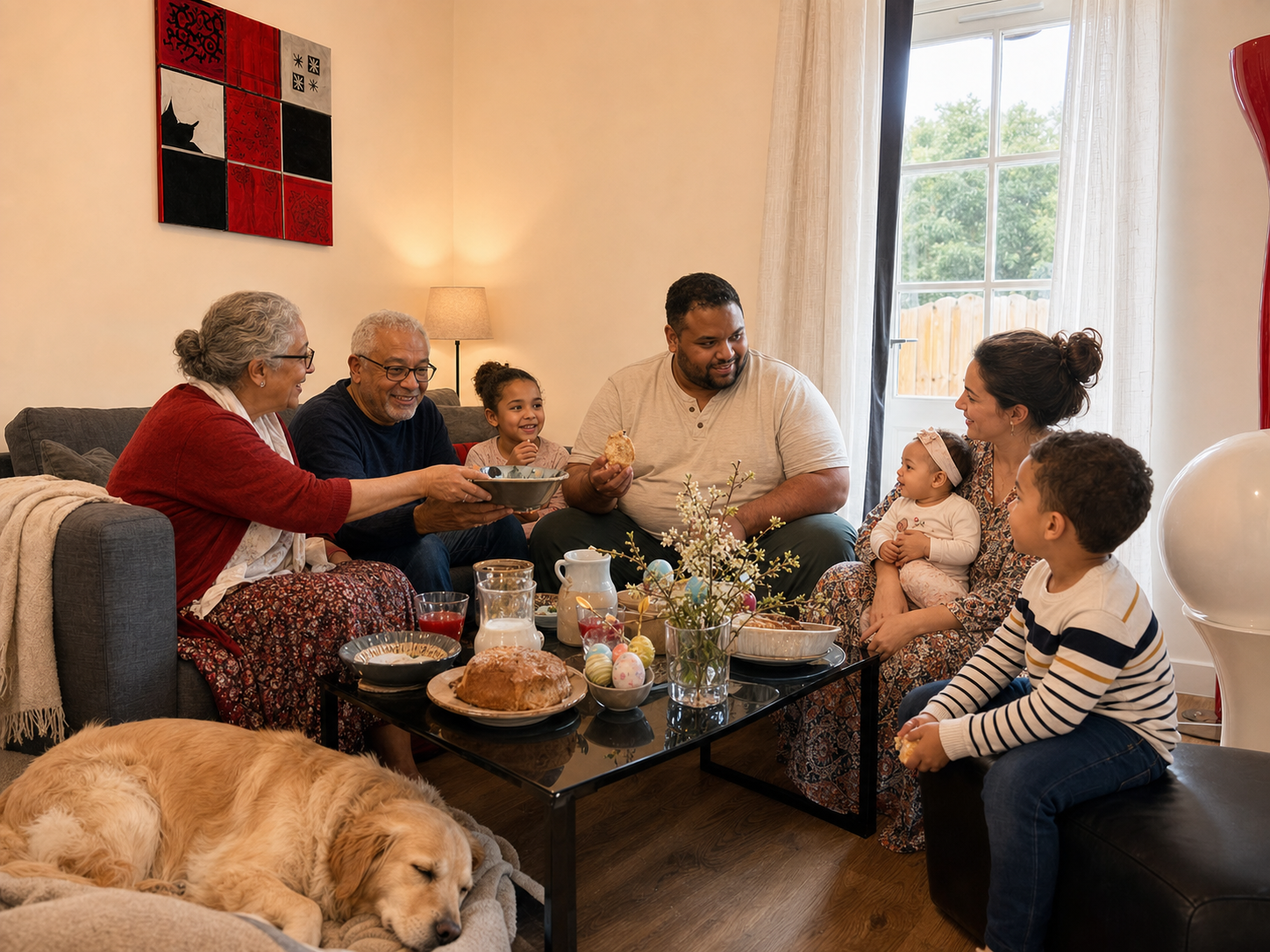 Grands-parents, parent, enfants, bébé et chien réunis pour le déjeuner de Pâques