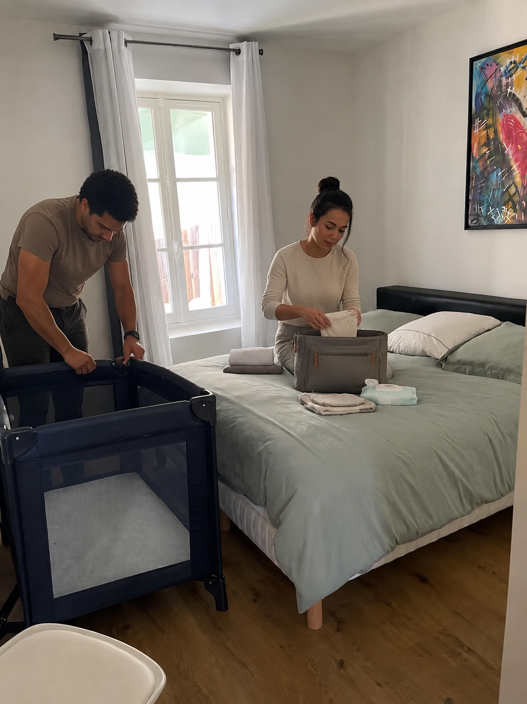 De jeunes parents installant un lit bébé dans une chambre du Nid d’Été