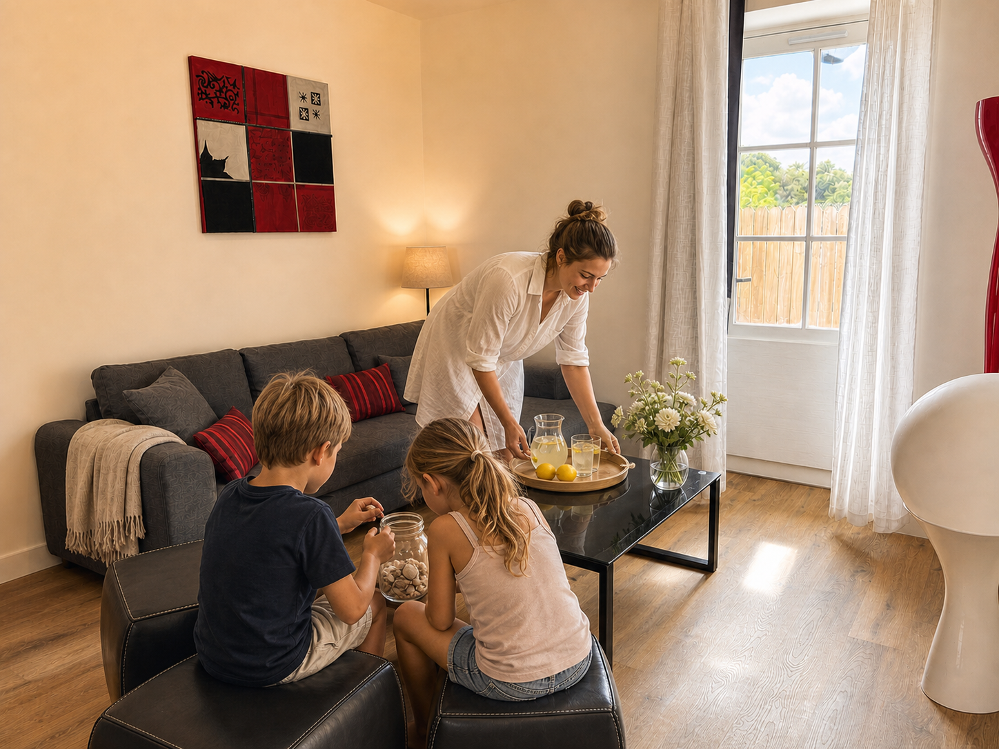 Une famille préparant un goûter après la plage dans le salon du Nid d’Été