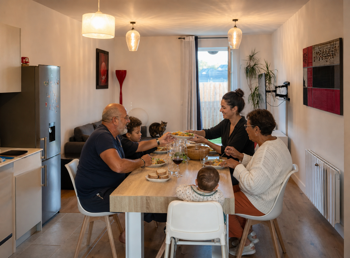 Grands-parents, parent, enfants et bébé partageant un repas au Nid d’Été