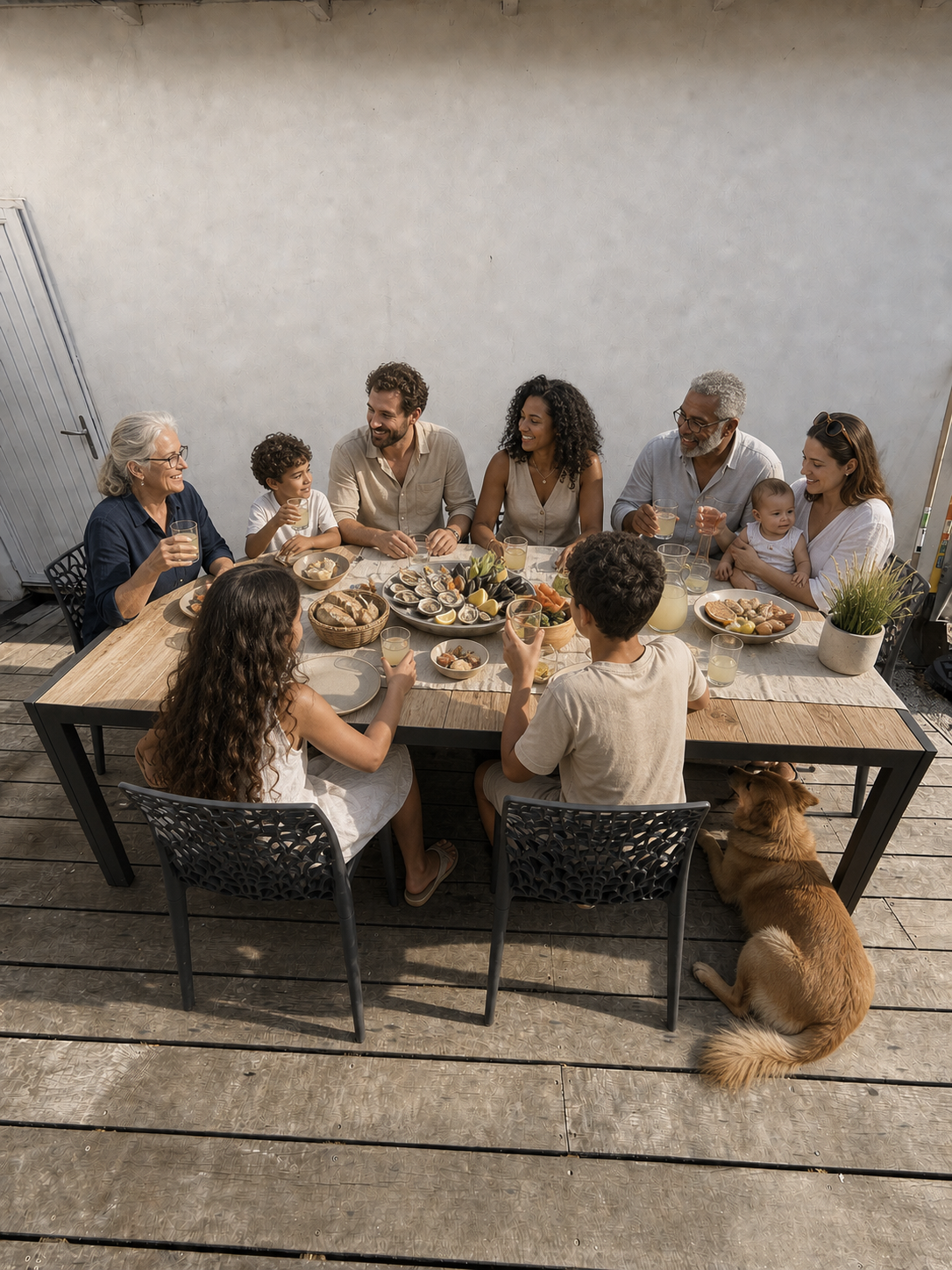 Une famille réunie autour d’un plateau de fruits de mer sur la terrasse de Villa Raie Manta