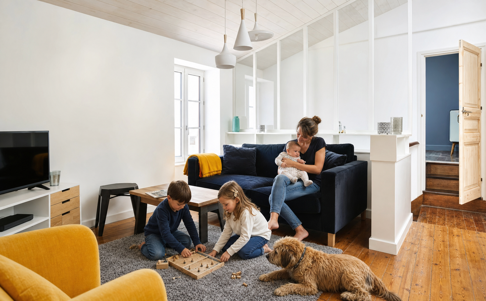 Parents, enfants, bébé et chien réunis dans le salon de Villa Raie Manta