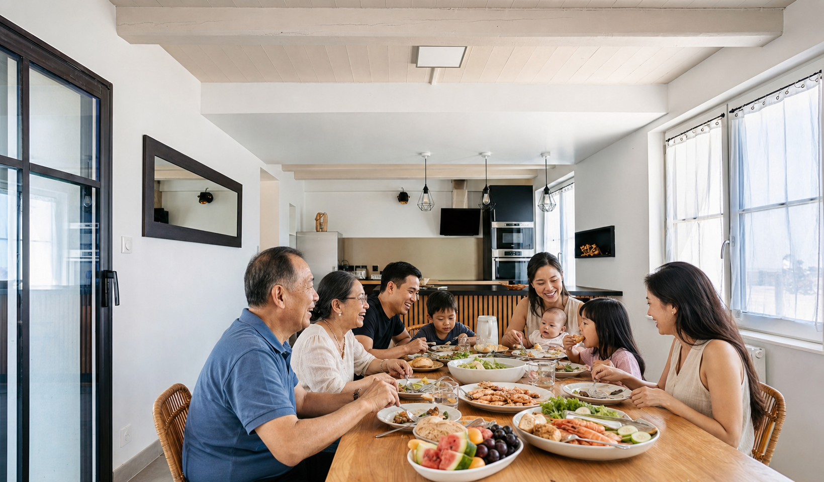 Une famille asiatique de plusieurs générations réunie autour de la table réelle de Villa Raie Manta