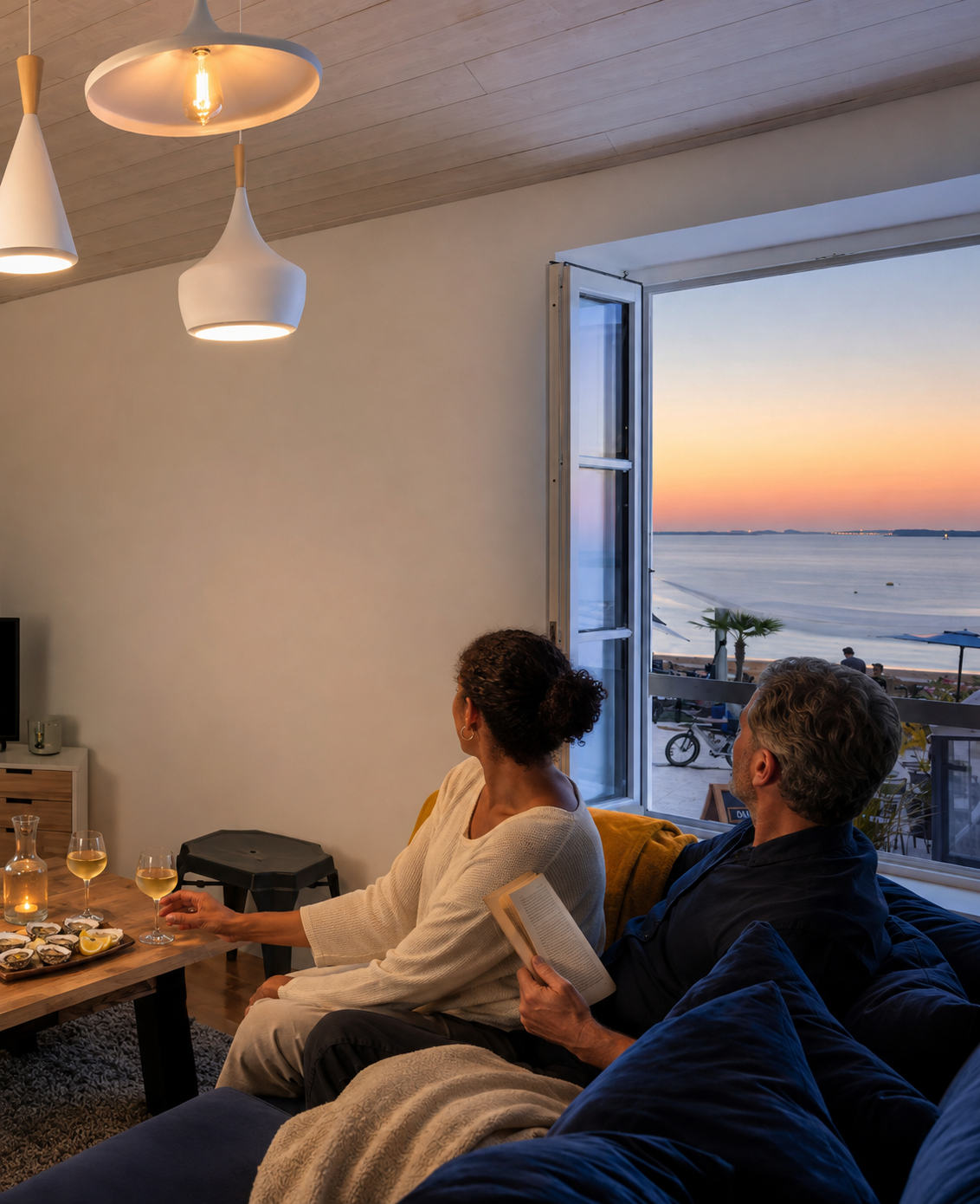 Un couple profitant d’une soirée calme face au coucher du soleil sur l’océan